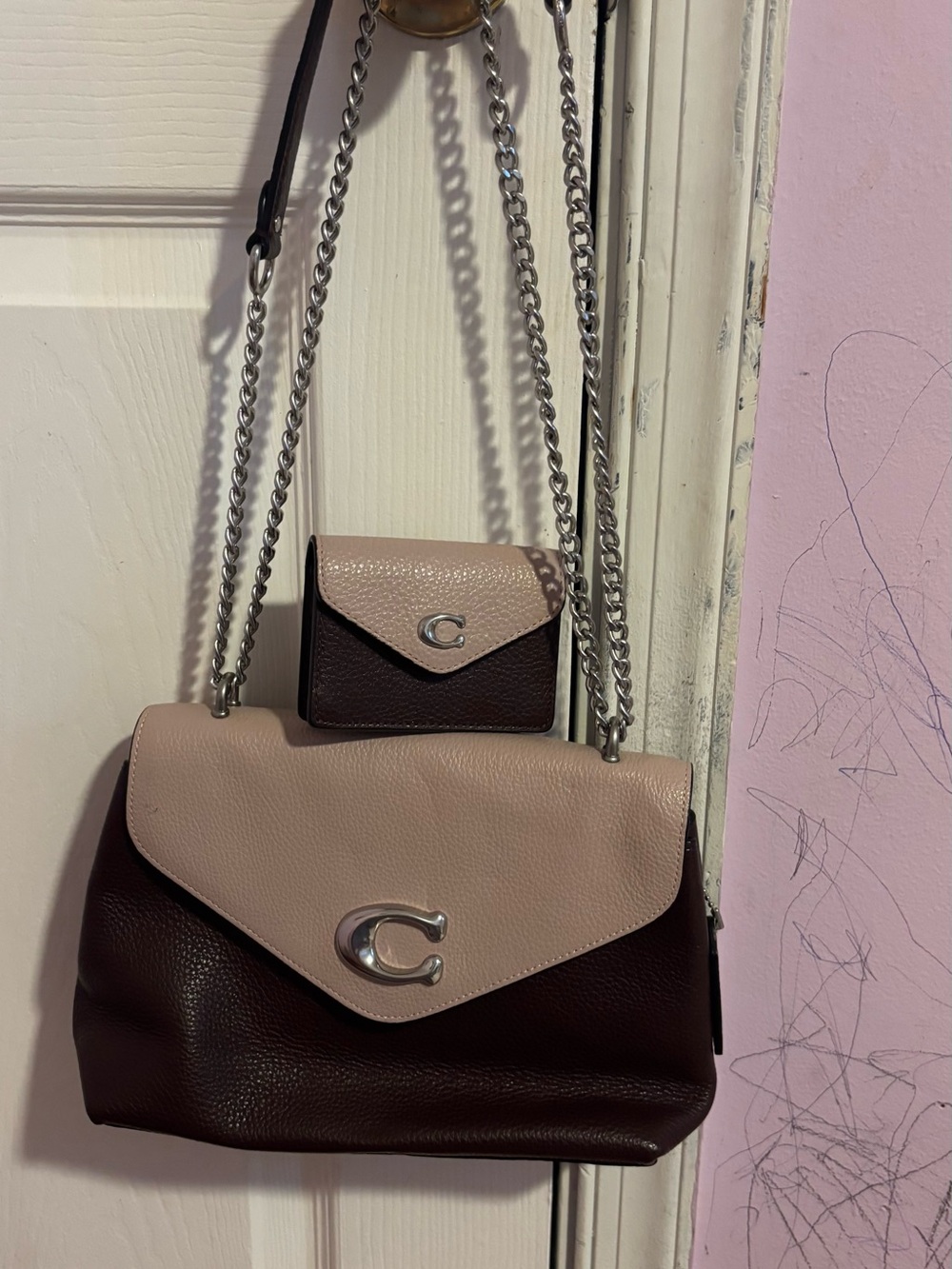 Coach Two-Tone Leather Shoulder Bag & Card Case - Blush Pink & Chocolate Brown
